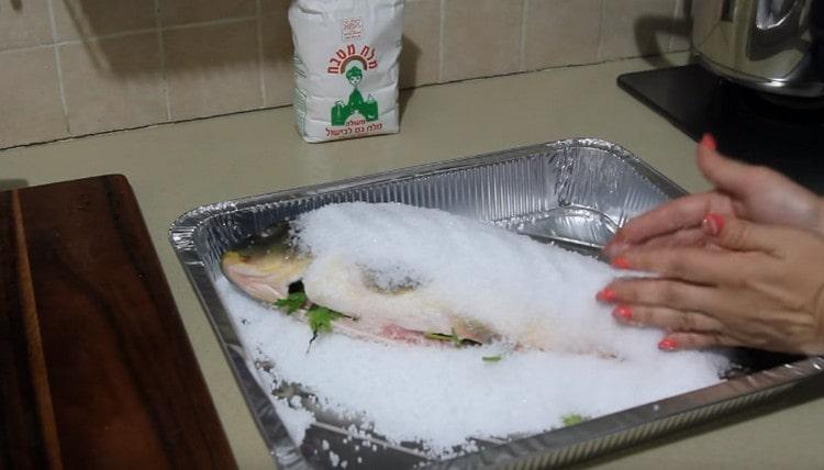 Поръсете сол отгоре на рибата, разпределете солта с ръце, така че тя напълно да покрива трупа.