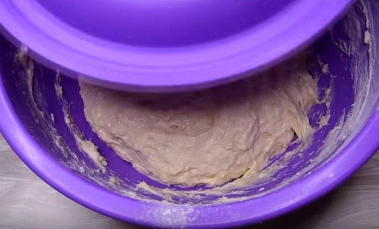 е добавяйки още брашно, покрийте тестото с капак и оставете да втаса на топло място.