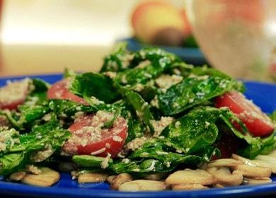 Valmistamme herkullisen ja ravitsevan salaatin pinaatin ja tomaattien kanssa askel-askeleelta kuvan kanssa.