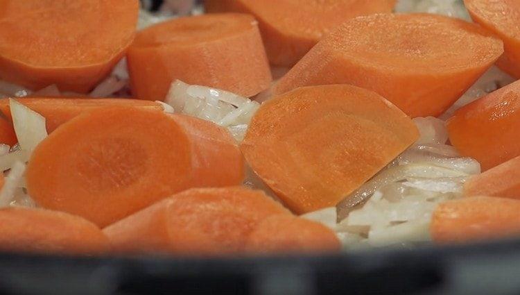 Nakrájejte mrkev a rozprostřete na cibuli.